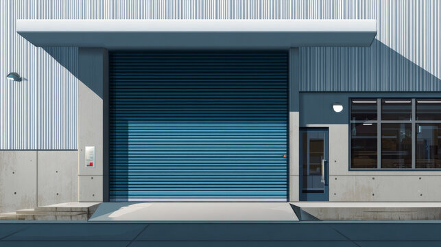 Industrial or commercial building. Use as factory, warehouse, store and workplace. Safety and protection with roller door, roller shutter or overhead door. Concrete floor outside. Vector illustration.