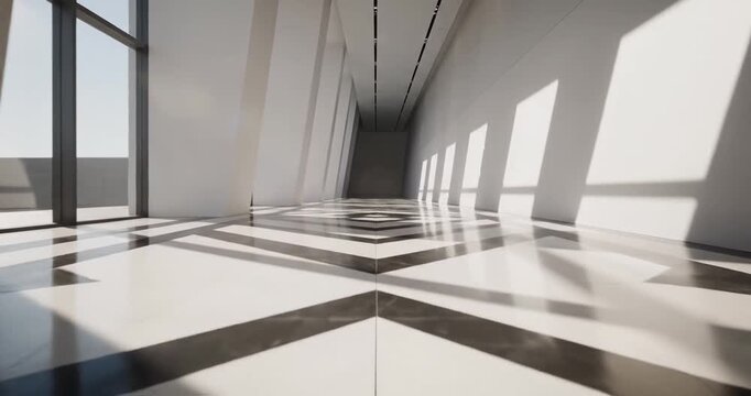 Modern architectural interior with dramatic light and shadows creating depth and contrast