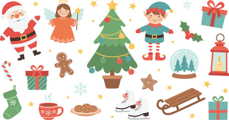 Fototapeta premium Christmas and winter holiday icon set with Santa elf and festive decor