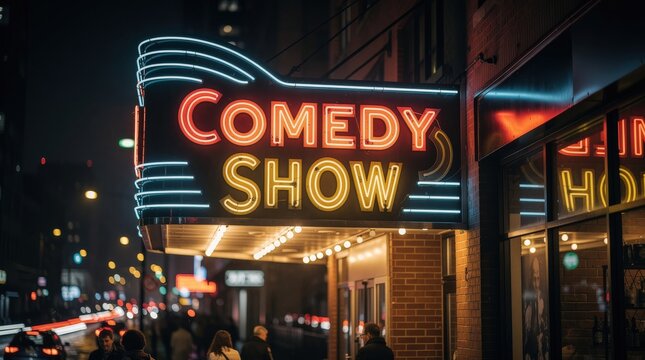 Neon-lit "Comedy Show" sign glows bright over a busy nighttime street filled with people and city lights.