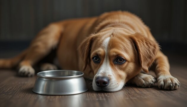 A brown and white dog lies on the floor, resting its head near an empty metal food bowl, looking intently ahead with a sad expression.