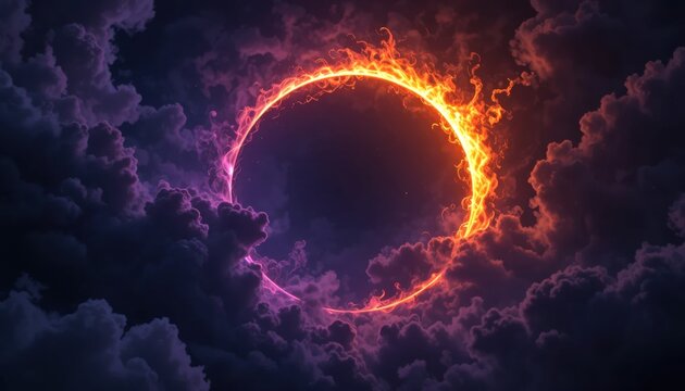 A fiery ring glowing with vibrant orange and pink flames floats amidst dark, swirling clouds in a mystical, cosmic scene.