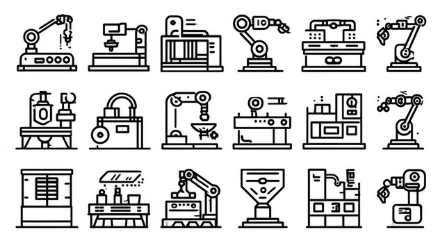 Manufacture and robot working icon such as automotive industry, food processing, and product packaging vector icon set design, black and expand icon.
