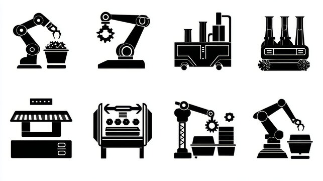 Manufacture and robot working icon such as automotive industry, food processing, and product packaging vector icon set design, black and expand icon.