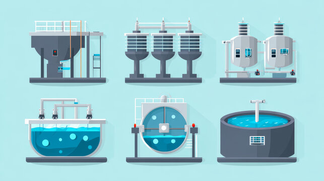 Water treatment plant and wastewater or waste water and septic tank vector icon set. That removes sewage and grease from water to improves the quality of water appropriate for drinking and supply use.