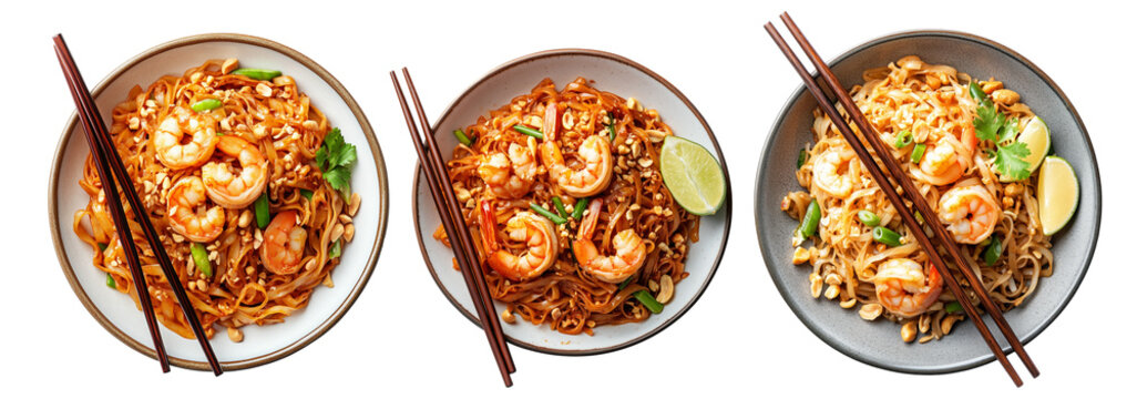 Stir-fried shrimp Pad Thai with crushed peanuts and rice noodles, isolated on white background, concept of Thai cuisine