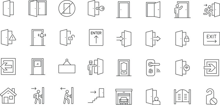 Door icon set. Editable stroke. Containing enter, exit, doorbell, knock, open door, home, closed door, pull, push, and more.