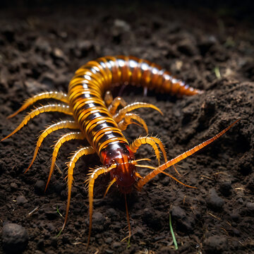 Centipede on soil macro photography of a segmented arthropod