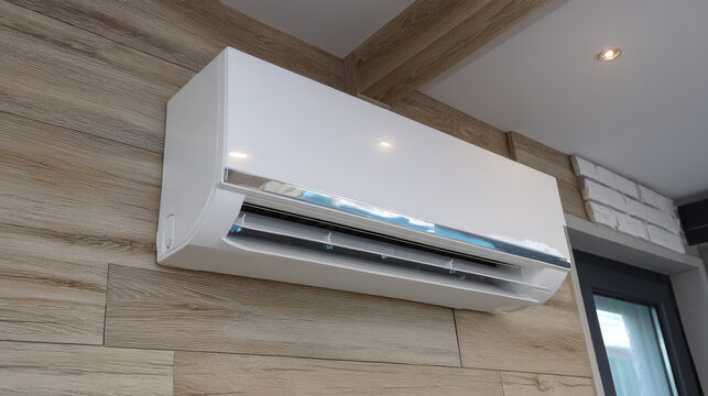 Air conditioner (AC) indoor unit or evaporator and wall-mounted. That is part of mini split system or ductless system type. For removing heat and moisture from room. Including humidity control.