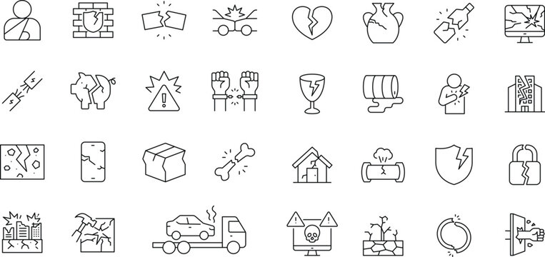 Damage icon set.  Editable stroke. Contains icons related to damaged, broken, and more.