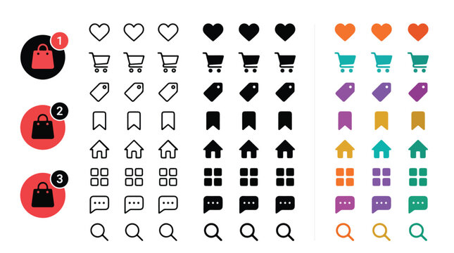 Set of e-commerce and shopping icons, mobile app UI elements, heart, cart, price tag, bookmark, home, menu, chat, search symbols. Vector interface buttons in line, solid and colorful flat styles.