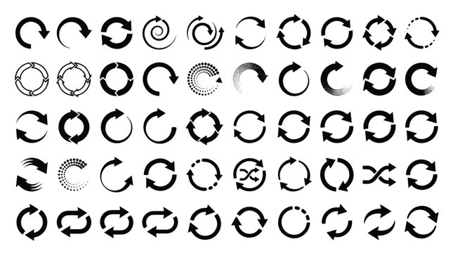 Set of 50 circular arrow icons, reload, refresh, sync, and update symbols. Vector collection of black motion cycle signs, recycling indicators, rotation graphics, and loop infographic elements.