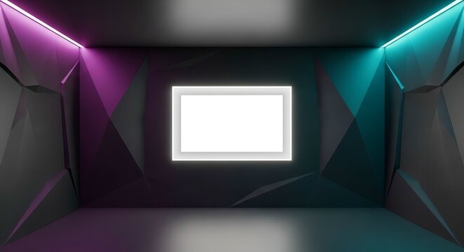 Futuristic abstract geometric room with vibrant neon lighting and transparent background for creative digital design