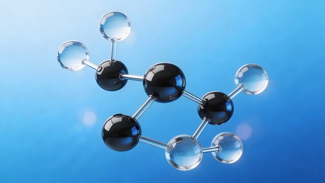 Molecular structure with black and clear spheres