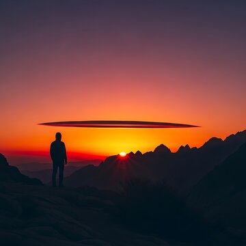 A solitary man stands observing a mysterious glowing UFO disc floating above the mountains at sunset.
