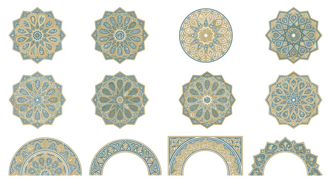 A collection of intricate Islamic geometric patterns forming circular mandalas and semicircular motifs.