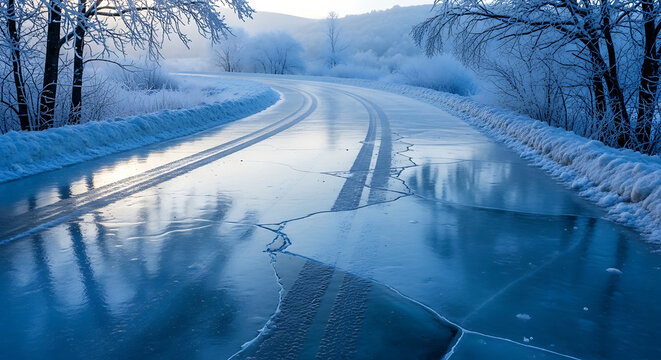Winter road through snowy landscape a serene and frosty journey