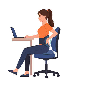 Vector illustration of a female office worker sitting at a desk with a laptop, wearing a back brace for lumbar support and spinal alignment while sitting on an ergonomic chair.