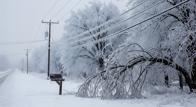 Winter storm's icy grip trees and power lines coated in rime ice