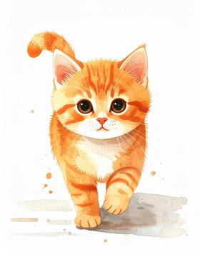 A cute orange tabby kitten with big eyes walks forward on a white background in a charming, watercolor-style illustration.