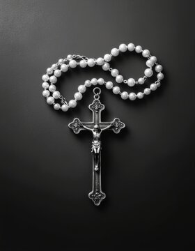 A silver crucifix with a detailed figure of Jesus is attached to a white pearl rosary laid out on a black surface.