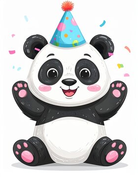 A cute cartoon panda wearing a colorful party hat, smiling joyfully with raised arms and confetti falling around.