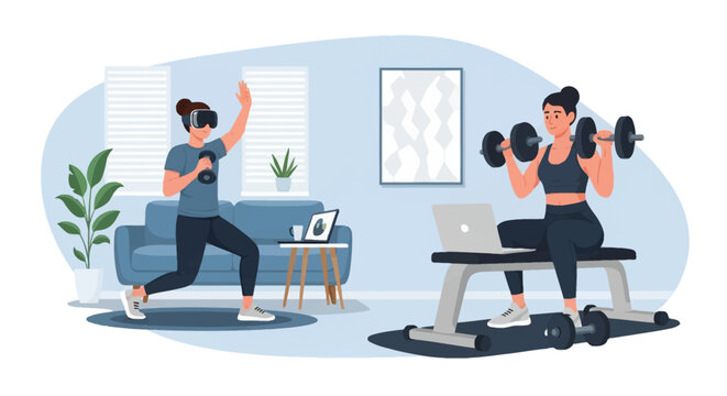 Vector illustration of two women exercising in a living room; one performs lunges wearing a VR headset while the other lifts dumbbells on a weight bench using an online class.