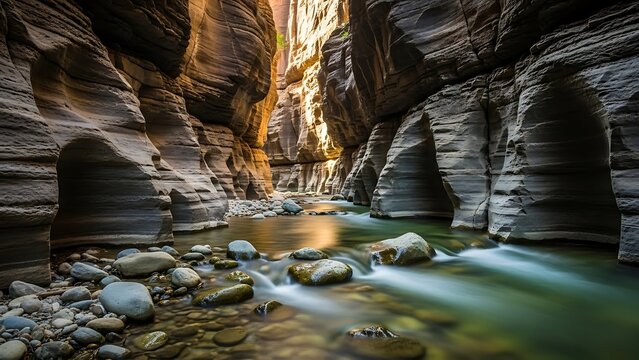 A serene and picturesque stream flows through a narrow canyon with smooth rock formations and boulders in the water under warm sunlight
