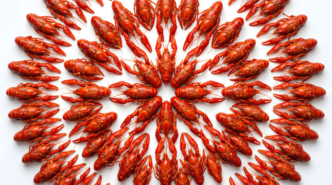 Symmetrical Circle Composition of Fresh Boiled Crayfish on White