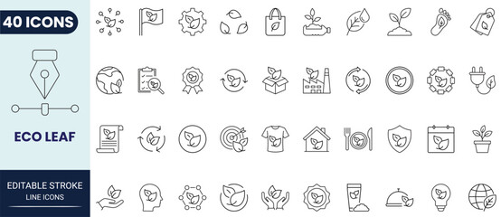 Eco and leaf icon set in outline style. Collection of eco, leaf, nature, environment, green energy, recycle, sustainability, and organic. Editable stroke. Vector icon collection. © Gretta