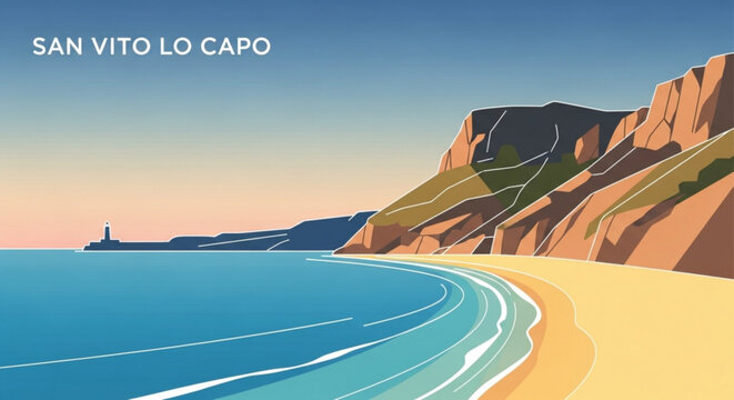 San Vito Lo Capo beach landscape coastal cliffs and ocean waves serene travel destination illustration for tourism