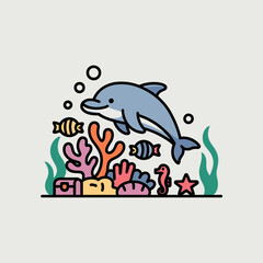 Fototapeta premium Cute dolphin swimming through colorful coral reef with tropical fish and hidden treasure chest in a minimalist flat vector illustration design for kids and playful projects