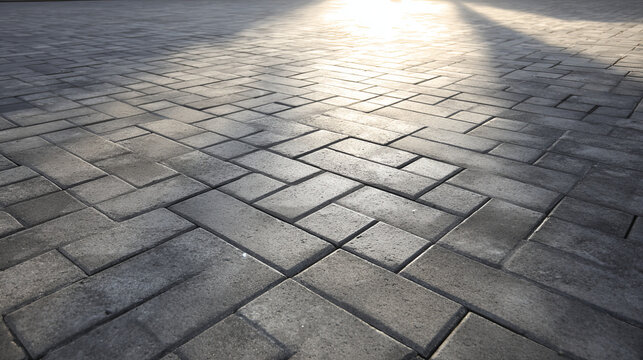 Paver brick floor also call brick paving, paving stone or block paving.
Manufactured from concrete or stone for road, path, driveway and patio. Empty floor in perspective view for texture background.