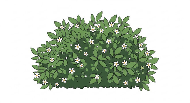 Green flowering bush with small white blossoms a simple flat vector illustration for nature and garden design isolated on white