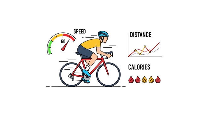 Cyclist wearing helmet riding bicycle with speed indicator and distance graph showing calories burned during outdoor exercise and fitness activity for healthy lifestyle performance tracking