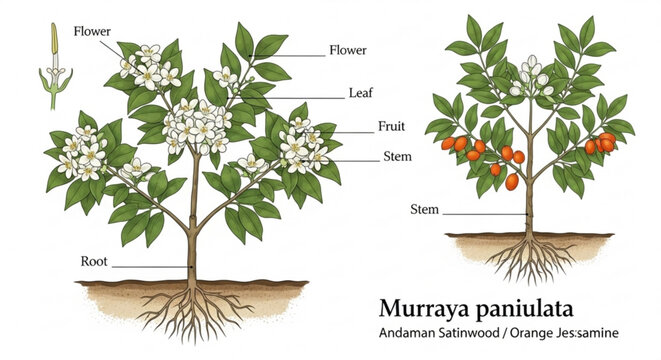 Murraya paniculata plant diagram showing flowers fruit leaves and roots for botanical illustration and educational use
