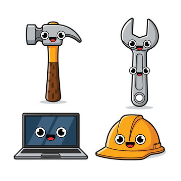 Cute cartoon tools and hard hat with faces.