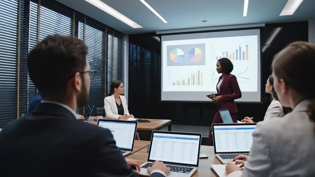 Business meeting with presentation symbolizing corporate growth and leadership