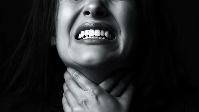 Throat pain pathology, tonsillitis distress, feeling of choking, cold symptoms, thyroid discomfort, human suffering, medical condition visualization