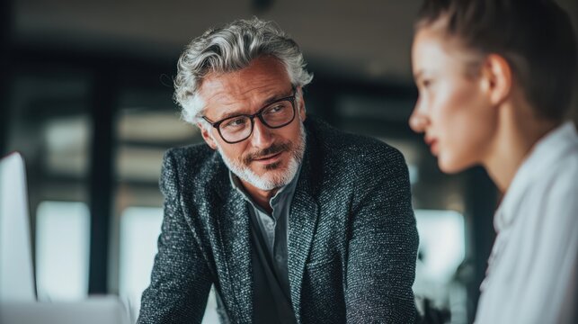 Experienced senior executive and younger businessman talking together in modern corporate office during professional business meeting discussion.