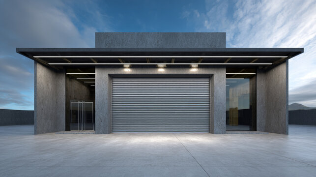 Industrial or commercial building exterior. Use as factory, warehouse, store and workplace. Safety and protection with roller door, roller shutter or overhead door. Concrete pavement floor outside.