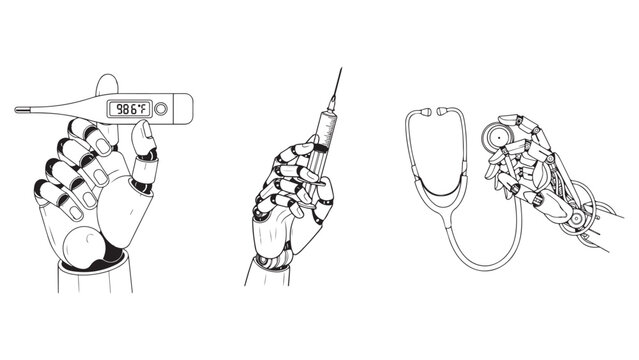 Robotic hands holding essential medical instruments like a digital thermometer, syringe, and stethoscope, symbolizing advanced healthcare technology and artificial intelligence in medicine.