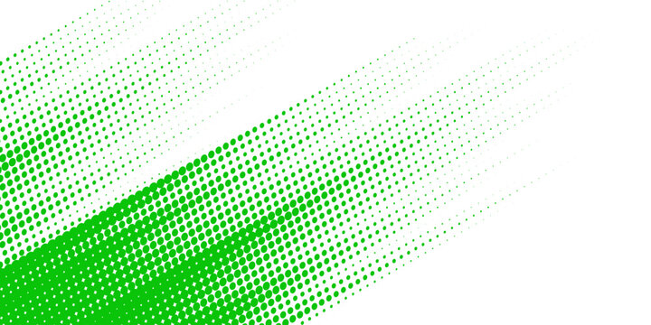Slash green halftone gradient texture. Fading cartoon polka dot background. Dotted corner gradation pattern. Fading comic pop art overlay backdrop. Vector slant frame halfton patern effect wallpaper