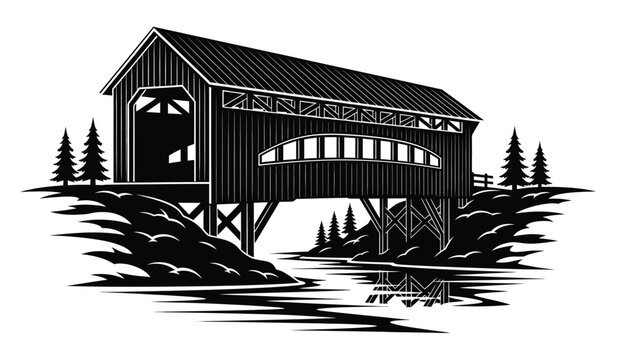 black and white illustration of a covered bridge with surrounding trees and landscape on a white background high quality professional detailed modern elegant stylish