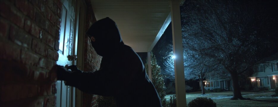 Thief in black clothing attempting to break into a house at night  