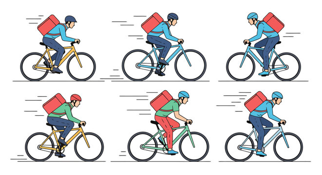 Diverse individuals expertly delivering parcels with thermal backpacks on bicycles showcase speedy urban transportation and efficient logistics solutions offering a vibrant visual for courier