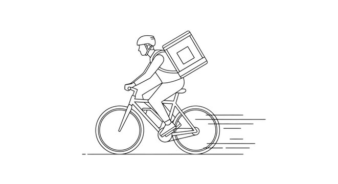 A person on a bicycle with a large delivery container strapped to their back is shown riding quickly forward conveying movement and transport for services reaching customers efficiently