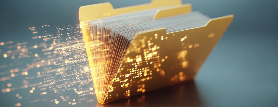 Digital folder with glowing sparks emanating from the side  