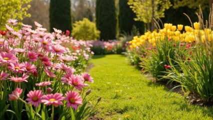 Obraz premium Garden of colorful tulips and pansies in bloom on a sunny day.