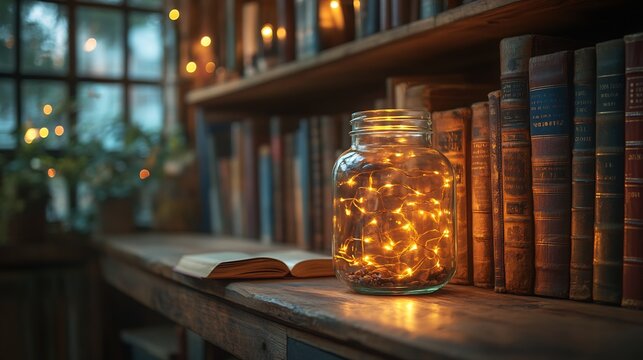Whimsical fairy light display in a glass jar set on a bookshelf filled with books creating a magical glow in a cozy reading corner perfect for relaxation and escape